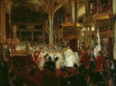 De kroning van Willem I als koning van Pruisen in het kasteel van Königsberg door Adolph Menzel