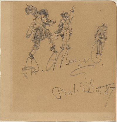 Drie Zwervers op de Handtekening van de Kunstenaar door Adolph Menzel