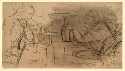 Twee heren die tegenover elkaar aan een tafel in een café zitten en een gesprek voeren door Adolph Menzel