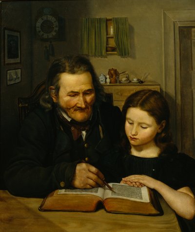 Oude man leert meisje lezen door Adolph Tidemand