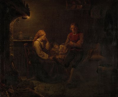 Ouders bij het bed van hun zieke kind door Adolph Tidemand