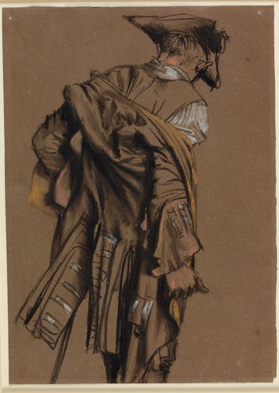 Model van de kunstenaar, gezien van achteren, aantrekken van een achttiende-eeuws uniform door Adolph Menzel