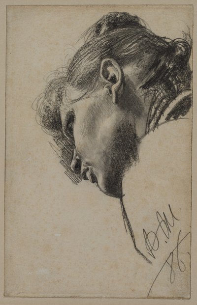 Hoofd van een jonge vrouw van onderaf gezien door Adolph Menzel