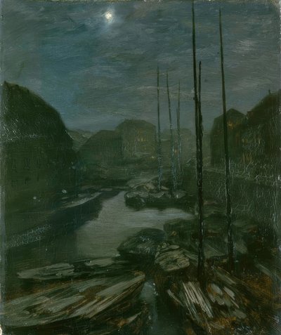Maanlicht over de Friedrichsgracht in oud Berlijn door Adolph Menzel