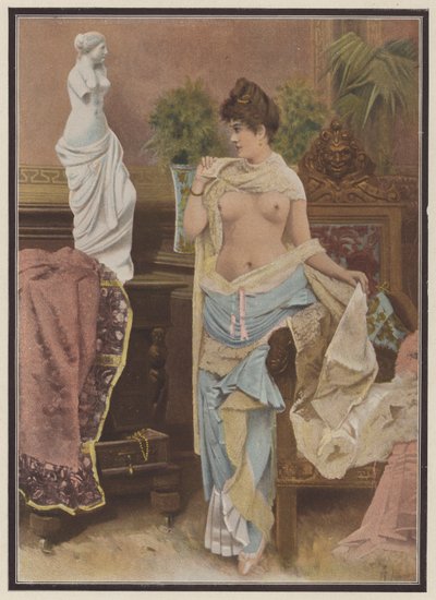 Vrouw vergelijkt zichzelf met een standbeeld van Venus de Milo door Adolphe Frederic Lejeune