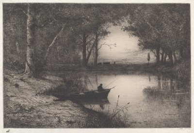 Een visser in een bebost meer bij avond door Adolphe Appian