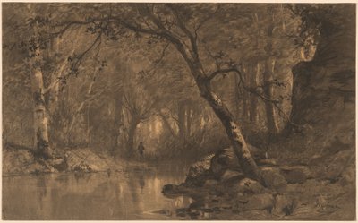 Een bosrivier met een visser door Adolphe Appian
