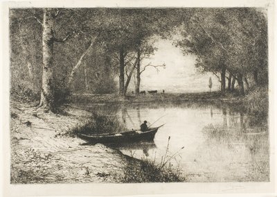 Visser in een boot aan de oever door Adolphe Appian