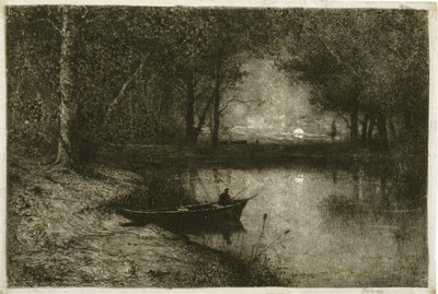 Visser in een roeiboot, aan de rand van een rivier door Adolphe Appian