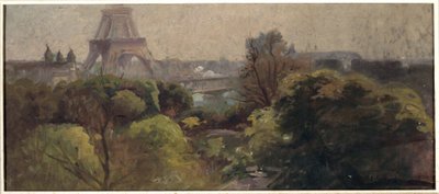 De Eiffeltoren, gezien vanuit de Delessert-tuin door Adolphe Ernest Gumery
