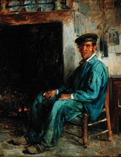 Een boer voor een haard, 1859 door Adolphe Felix Cals