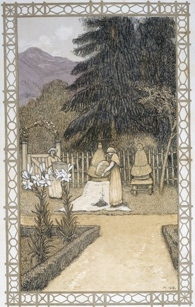 Het leven van bijen: het werk van de imker - tekening door A. Giraudon door Adolphe Giraudon