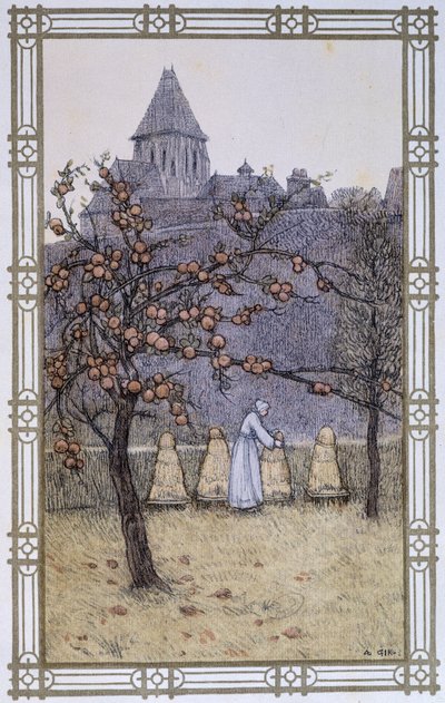 Het leven van bijen: het werk van de imker - tekening door A. Giraudon door Adolphe Giraudon