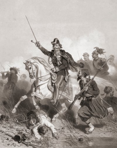 Koning Victor Emmanuel II bij de Slag om Palestro (prent) door Adolphe Jean Baptiste (after) Bayot