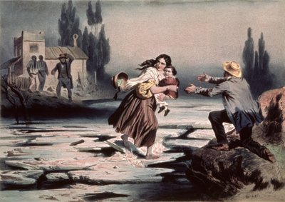Eliza steekt de ijsschotsen van de Ohio-rivier over naar vrijheid, illustratie uit 