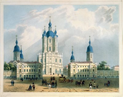 Het Smolny Klooster in Sint-Petersburg, gedrukt door Edouard Jean-Marie Hostein, uitgegeven door Lemercier, Parijs door Adolphe Jean Baptiste Bayot
