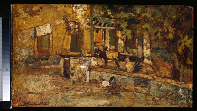 Boerenerf met een ezel en hanen door Adolphe Joseph Thomas Monticelli