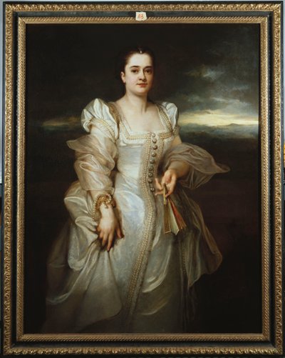 Portret van een Dame in een Witte Jurk geborduurd met Parels door Adolphe Joseph Thomas Monticelli