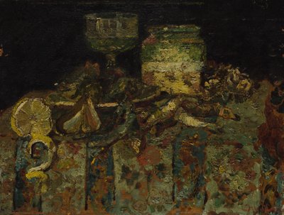 Stilleven: Oesters, Vis, c. 1880 door Adolphe Joseph Thomas Monticelli