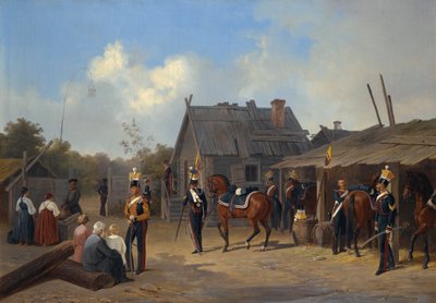 Bivak van soldaten in een dorp door Adolphe Ladurner