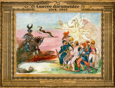 Allegorie van conflict: Franse troepen geleid door Overwinning gaan in de aanval op Duitsland belichaamd door de dood te paard door Adolphe Leon Willette