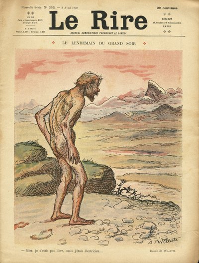 Illustratie van Adolphe dit Willette voor de omslag van Le Rire, 03/04/09 - De volgende dag van de grote avond - Sociaal, Prehistorie, Collectivisme - Naaktheid door Adolphe Leon Willette