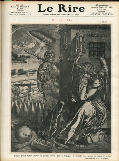Illustratie van Adolphe dit Willette (1857-1926) voor de Omslag van Le Lire, 06/06/14 - Helaas, grote Albert Durer, je had voorspeld dat Duitsland een land van donkere bruten zou worden! - Melancholia - Oorlog, Duitsland Pruisen - Durer door Adolphe Leon Willette