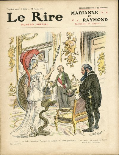 Illustratie van Adolphe dit Willette voor de omslag van Le Rire, 22/02/13 - President van de republiek, hoed, Elysee, armstoel (symbool van macht) - Poincaré Raymond door Adolphe Leon Willette