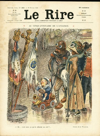 Illustratie van Adolphe dit Willette voor de omslag van Le Rire, 26/02/10 - Bij het vijftigjarig jubileum van de luchtvaart - Luchtvaart, Mode, Hoed, Ongelukken Rampen door Adolphe Leon Willette