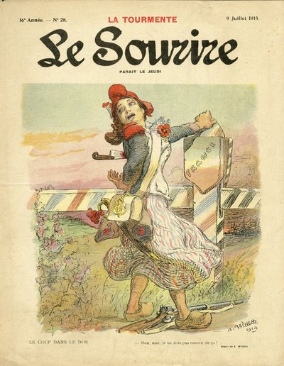 Illustratie van Adolphe dit Willette voor de omslag van Le Smile, nr. 28, 09/07/14 - De steek in de rug - Nationalisme, Franse Revolutie, Oorlog van 14-18, Fronten - Marianne door Adolphe Leon Willette