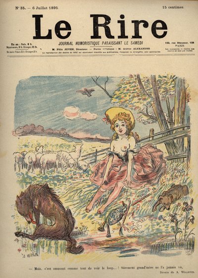 Roodkapje - herderin topless, Roodkapje - Maar, het is leuk om de wolf te zien...! Waarschijnlijk heeft oma hem nooit gezien. Tekening door A. Willette voor het Lachen Nummer 35, 6 juli door Adolphe Leon Willette