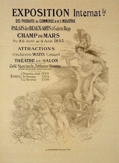 Reproductie van een poster die een Internationale Tentoonstelling van Commerciële en Industriële Producten adverteert, Palais des Beaux-Arts en Galerie Rapp, Champ de Mars, Parijs, 1893 door Adolphe Leon Willette