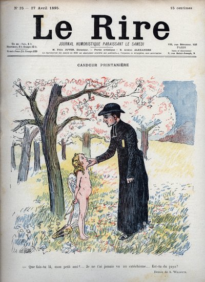 Lente Candeur - In een bos van bloemen, een priester die het gezicht van een naakt kind streelt, die achter zijn rug een boog en pijl en een paar vleugels verbergt. Niet wetend dat hij Cupido is, vraagt hij hem of hij nieuw is, aangezien niemand hem ooit h door Adolphe Leon Willette