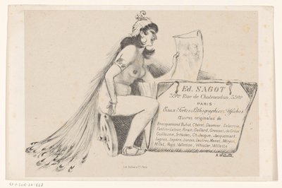 Visitekaartje van prenthandelaar Edmond Sagot te Parijs door Adolphe Leon Willette
