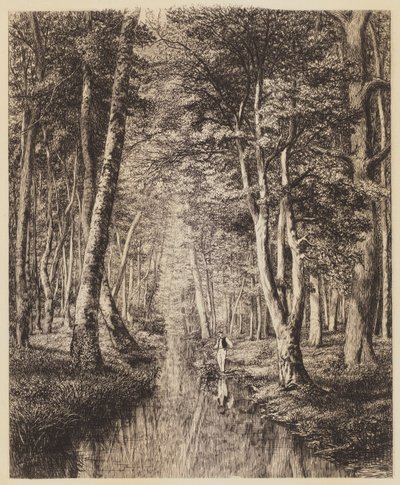 Rivier onder bomen door Adolphe Martial Potemont