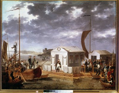 Interview van Tilsit tussen Napoleon I en tsaar Alexander I van Rusland op de rivier de Niemen op 25 juni door Adolphe Roehn