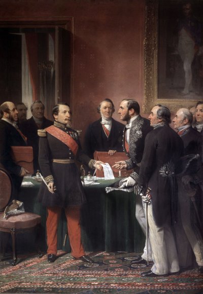 Franse keizer Napoleon III geeft aan Baron Haussmann decreet over annexatie van voorstedelijke steden in Parijs in juni 1859 door Adolphe Yvon