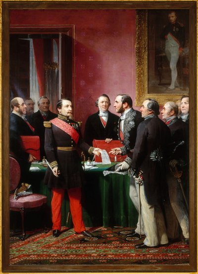 Napoleon III overhandigt Baron Haussmann het decreet tot annexatie van de naburige gemeenten (16 februari) door Adolphe Yvon