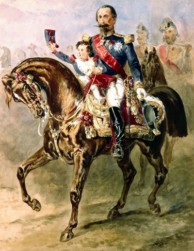 Napoleon III met zijn zoon Louis Napoleon te paard door Adolphe Yvon