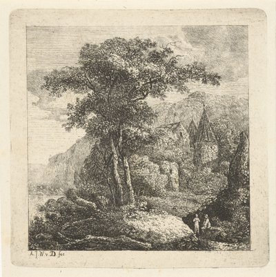 Bergachtig landschap met bomen, kasteel en twee figuren door Adriaan Jacob Willem van Dielen