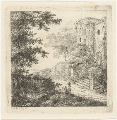 Landschap met figuren bij ruïne van kasteel door Adriaan Jacob Willem van Dielen