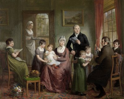 Portret van de familie van Adrianus Bonebakker en zijn compagnon D.L. Bennewitz door Adriaan de Lelie (signed by artist)