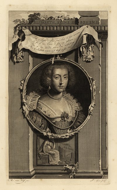 Elisabeth Stuart, koningin van Bohemen, keurvorstin van de Palts, vrouw van Frederik V, de Winterkoning. Elisabeth, Reine de Boheme. In jurk met gewatteerde gespleten mouwen, kanten kraag met parels. Vignet van vrouw die een gevallen kroon overpeinst. Kop door Adriaan van der (after) Werff