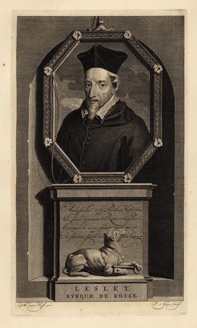 John Lesley, Schotse historicus en bisschop van Ross. Eveque de Rosse. Hond met sleutel. Kopergravure door Pieter Stevens van Gunst door Adriaan van der (after) Werff