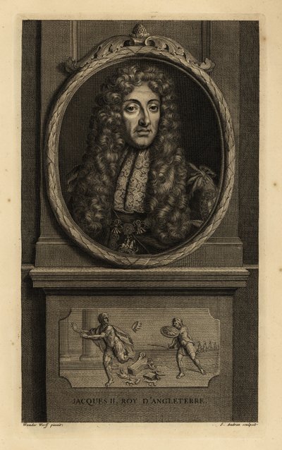Koning James II van Engeland, James VII van Schotland, Jacques II Roy d’Angleterre. In pruik, kanten halsdoek, ketting met figuur van St. George en de draak. Vignet toont een Romeinse keizer die zijn kroon verliest aan een soldaat. Kopergravure door Jean A door Adriaan van der (after) Werff