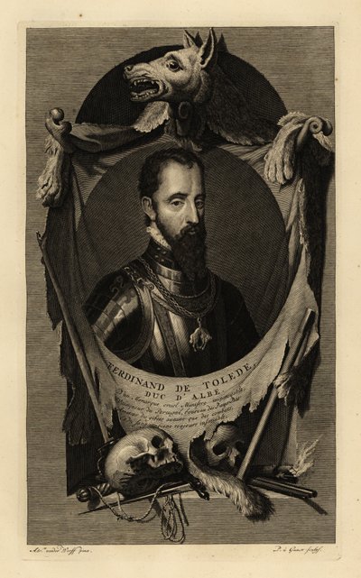 Portret van Ferdinand Alvarez de Toledo y Pimentel, 3e hertog van Alba, of de IJzeren Hertog. In harnas met ketting van de Orde van het Gulden Vlies. Met wolfshuid, menselijke schedels, zwaard, dolk en vuursteenpistool. Ferdinand de Tolede, hertog van Alb door Adriaan van der (after) Werff