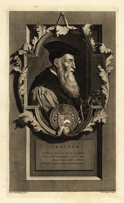 Portret van Stephen Gardiner, bisschop van Winchester en politicus. Met wapenschild. Kopergravure door Pieter Stevens van Gunst door Adriaan van der (after) Werff