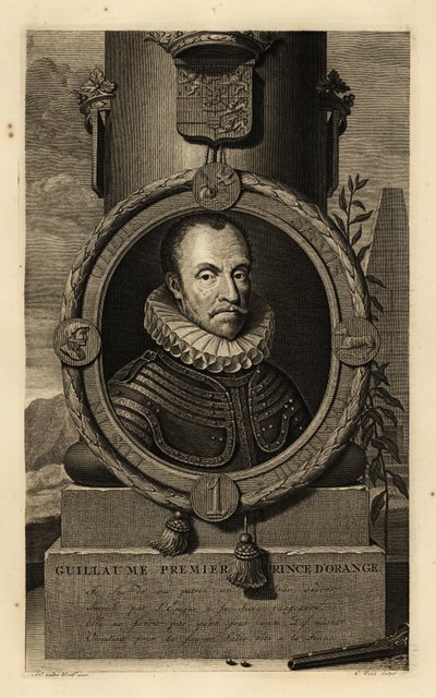 Willem I, Prins van Oranje, Willem de Zwijger of Willem de Taciturn. Guillaume, Premiere Prince d’Orange. In harnas met kanten kraag, wapenschild boven, vuursteenpistool en loden kogels beneden. Kopergravure door Gerard Valck door Adriaan van der (after) Werff