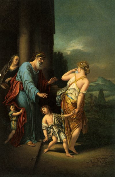 Abraham stuurt Hagar en Ismaël weg - Bijbel door Adriaan van der Werff