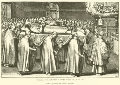Begrafenis van St. Ignatius in Santa Maria Della Strada (gravure) door Adriaen (after) Collaert